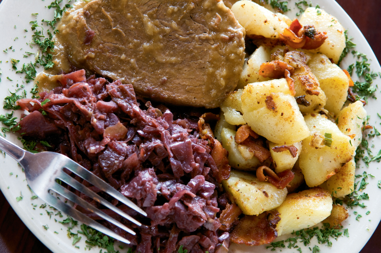 Sauerbraten, red cabbage and pan-fried potatoes from Freiberg's Authentic German Cuisine in Johnson City.