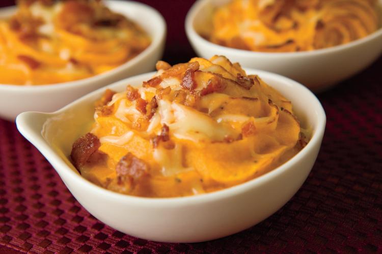 Savory sweet potato casserole with bacon and cheese