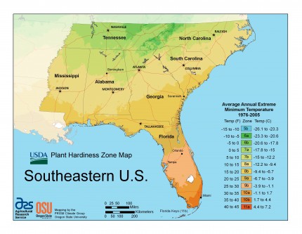Southeast Region Plant Hardiness Zone Map