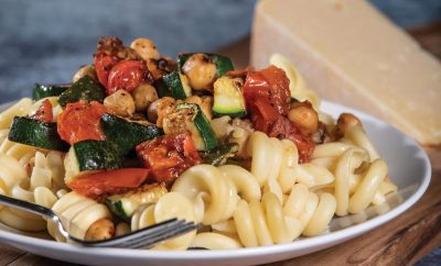 Roasted Zucchini with Tomatoes and Chickpeas Over Pasta