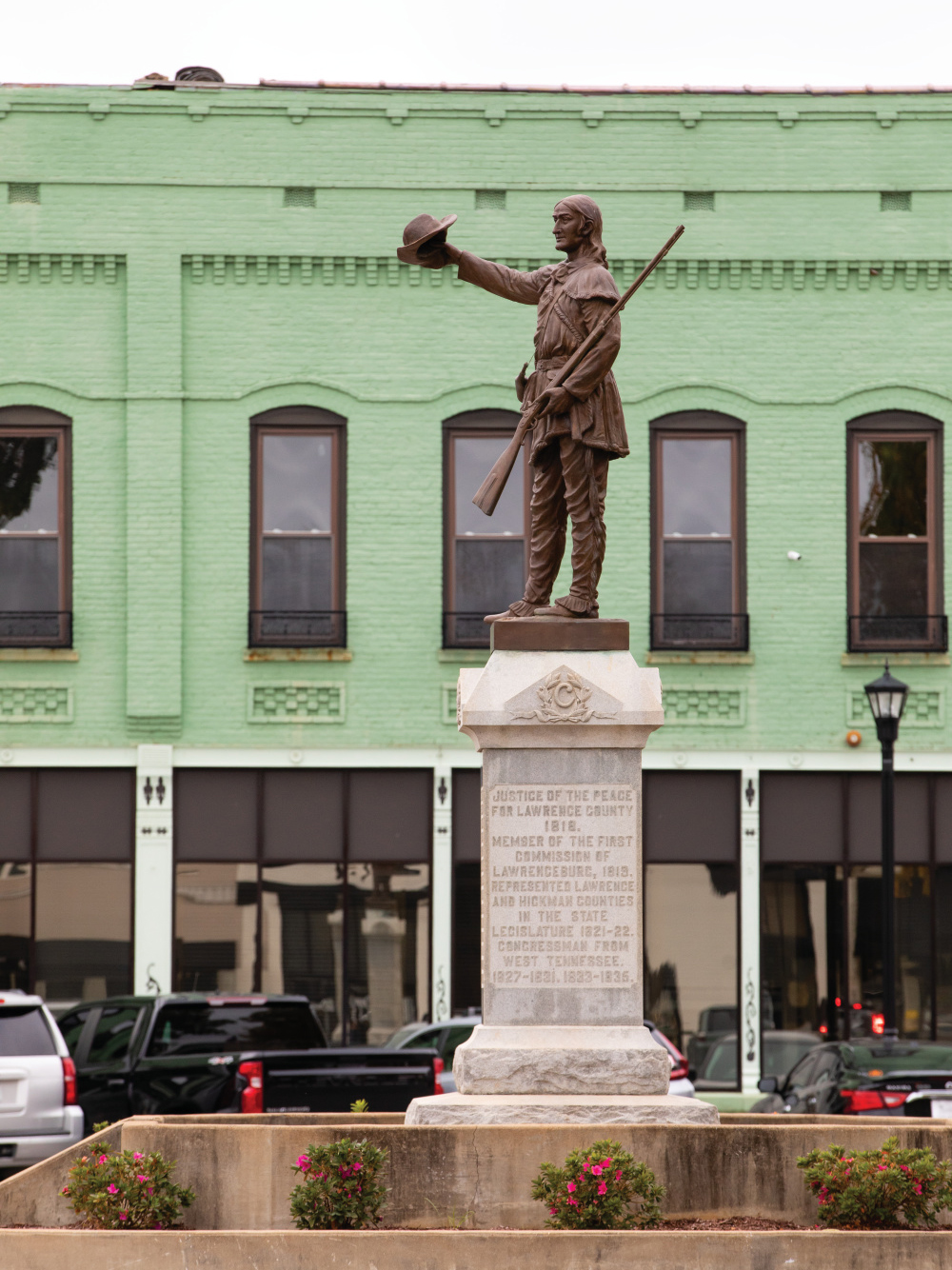 The David Crockett statue stands tall in the middle of the square in downtown Lawrenceburg.