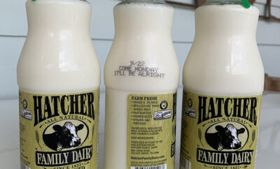 Hatcher Family Dairy milk bottles with Jimmy Buffet "Come Monday" lyrics