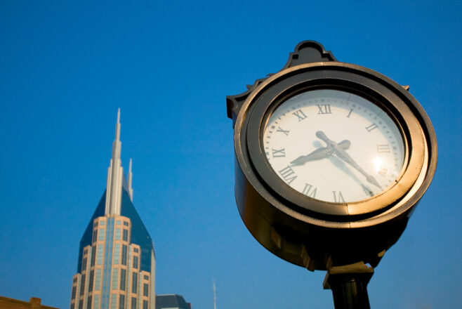 The clock at the downtown rail station keeps time for passengers of the Music City Star in downtown Nashville
